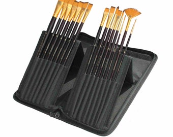 15 Long Art Paint Brushes Set for Watercolor, Acrylic, Oil & Face Painting with Black Travel Holder.