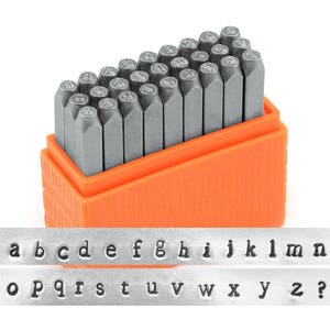 28 Piece Metal Punch Stamp Set, Lowercase Letter Stamp Set, 3mm, Newsprint Font; Metal, Wood, Plastic and Leather Stamps