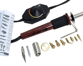 May include: A woodburning tool kit with a red and black handle, a black temperature control dial, and a variety of tips. The kit includes a metal spring, a round metal disc, and a variety of metal tips.