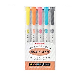 Zebra Mildliner Highlighter, 5 Colors; Japanese Import; Zebra Highlighter Mildliner Soft Color Set, Marker, Pen; Brown Package