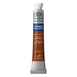May include: A tube of Winsor & Newton Cotman watercolours in Burnt Sienna. The tube is silver with a brown cap and a label with the brand name, colour name, and other information in English, French, and Spanish. The tube contains 8 ml of paint.