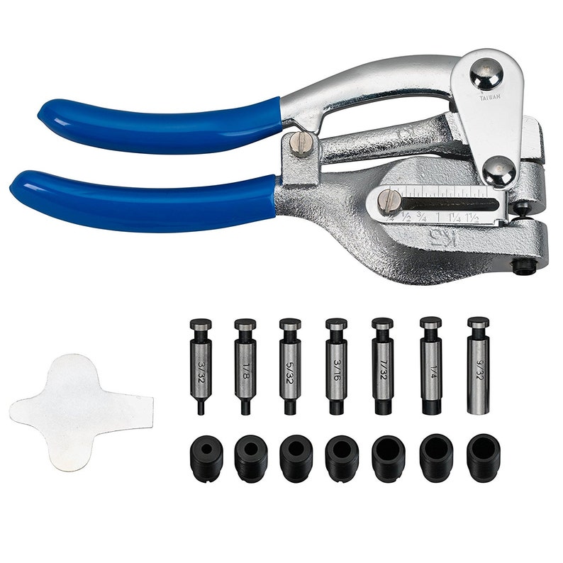 May include: A silver metal punch tool with blue handles and a set of eight punch tips. The punch tips are labeled with their sizes in fractions of an inch. The tool is used for punching holes in metal.
