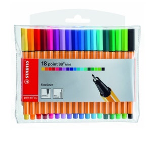 Stabilo "Never Bleed or Smear" Livro de Caligrafia para Colorir Ponta Fina 18 Mini Canetas Marcadores; 0,4 mm, ponta, ponta; 18 canetas coloridas; Conjunto de carteira resistente
