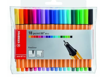 May include: A pack of 18 Stabilo point 88 mini fineliner pens. The pens are in a variety of colors, including red, orange, yellow, green, blue, purple, and pink. The pens are arranged in a row, with the caps facing the viewer. The pack is labeled "18 point 88 mini" and "Fineliner".