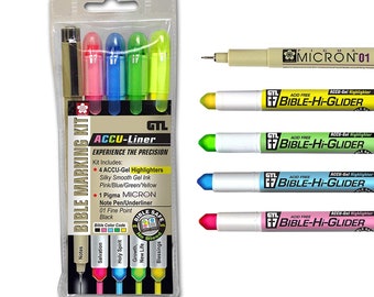 5 Set Bible Study Starter Set, Kit; No Bleed or Smear Bible Safe Highlighters, Sakura Pen