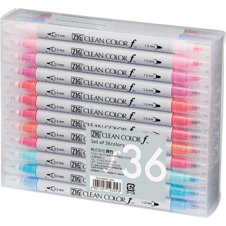 May include: A set of 36 Zig Clean Color Real Brush pens in a clear plastic case. The pens are arranged in rows and are labeled with the brand name, "Zig Clean Color f", and the size, "0.5 mm". The case also includes the text "Set of 36 colors" and "株式会社 呉竹".