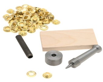 Grommet Kit: 24 Grommet Sets, Cutting Block, Hole Cutter, Inserting Punch, Die #0, 1/4" inner diameter; Grommet Repairs, Craft