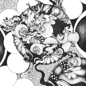 May include: Black and white abstract drawing with swirling lines, circles, and dots. The artwork is reminiscent of a galaxy or a cosmic landscape.