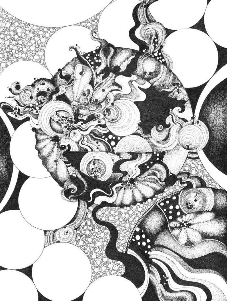 May include: Black and white abstract drawing with swirling lines, circles, and dots. The artwork is reminiscent of a galaxy or a cosmic landscape.