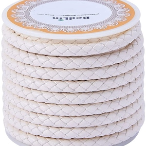 White Round Folded Bolo Fold Braided Cord, 5mm; Real Leather Lace, Cord, Thread, String, Rope; 4m