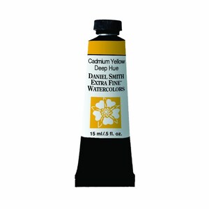 May include: A tube of Daniel Smith Extra Fine Watercolors in Cadmium Yellow Deep Hue. The tube is yellow with a black cap and a white label with the brand name and color information. The tube contains 0.5 fluid ounces (15 milliliters) of paint.
