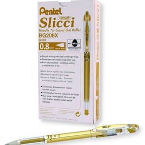 12 Gold Metallic Gel Pens, Pentel Arts Slicci, 0.8 mm Medium Tip, Point; Japanese; Adult Coloring Books Bible Study Planner Kawaii Cute Pens