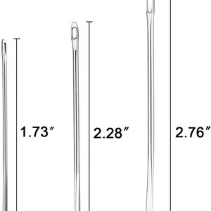 May include: Three silver sewing needles of different lengths, measuring 1.73 inches, 2.28 inches, and 2.76 inches.