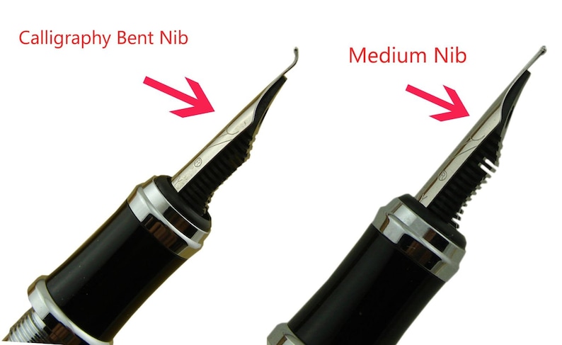 May include: Close-up of two fountain pen nibs. The nib on the left is a calligraphy bent nib. The nib on the right is a medium nib.