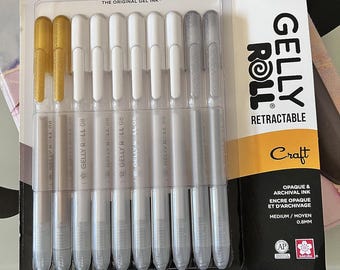 10 Sakura Craft Glitter Gel Pens Gelly Roll Retractable Gel Pens, Medium Point, 50609, White, Gold, Silver