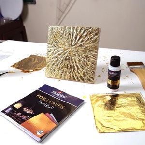 50 Gold Leaf Sheets for Arts, Crafts, Painting, Gilding, Decoration; Imitation Gold Foil Sheets of 5.5 x 5.5 inch, 14 x 14 cm, Hoja de Oro