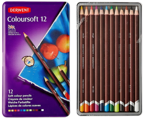 Derwent Drawing Set of 12 Colored Pencils Thick, Creamy 4mm Leads Drawing,  Blending, Shading, Rendering, Book Coloring Colorsoft Metal Tin 