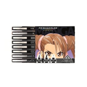 May include: A set of 8 Prismacolor Premier Manga Illustration Markers. The markers are black with silver accents and feature different nib sizes. The packaging features an illustration of an anime character with brown hair and brown eyes.
