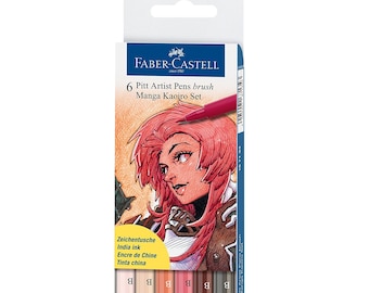 Manga Kaoiro Faber-Castell PITT Artist Brush Studio Pens, Terra Earth Colors, 6 Set; Pigmented India Ink; Drawing, Adult Book Coloring Set