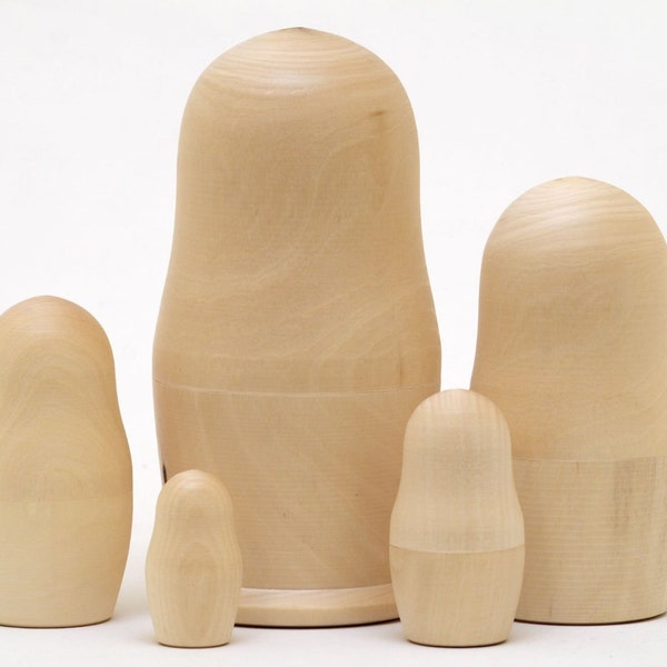 Poupée gigogne matriochka vierge ; Poupées gigognes Matryoshka russes en bois nu ; Ensemble de 5 poupées gigognes non peintes