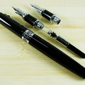 Vintage Style Black Calligraphy Fountain Pen Interchangeable Fude Bent Calligraphy Nib & Medium Standard Tip; Push in Style Ink Converter.