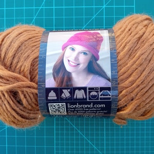 May include: A skein of Lion Brand yarn in a warm brown color. The yarn is wrapped around a label that features a woman wearing a pink hat and a QR code. The label also includes the text "lionbrand.com" and "Over 6000 free patterns!"