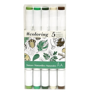 5 Dual Tip Book Coloring, Bible Journaling, Lettering Markers; Fine & Large/Brush Nibs; Art, Illustrations, Manga Markers; Forest Colors
