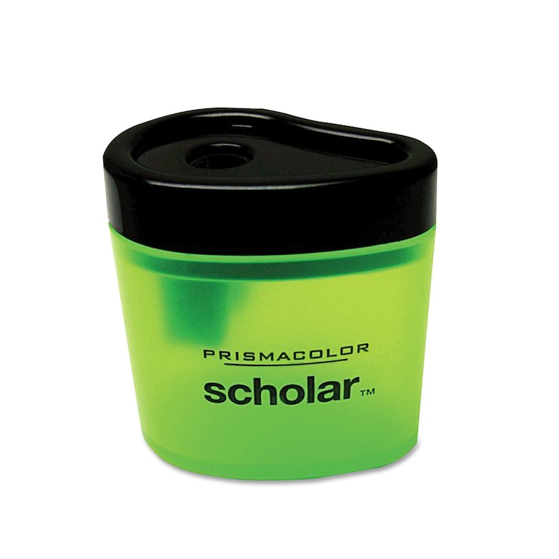 May include: A green plastic pencil sharpener with a black top. The sharpener has a clear window to see the shavings. The sharpener has the text "Prismacolor scholar TM" on the side.