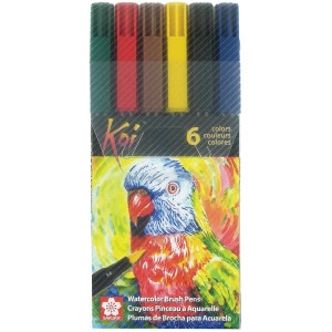 Sakura Koi Brush Pen Set, Black, Blue, Bed, Green, Brown and Yellow; Sakura 6 Brush Pens, Markers; Anime, Manga, Art, Drawing, Coloring