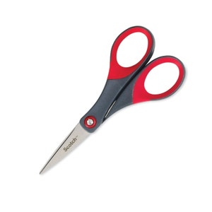 May include: Red and black scissors with a silver blade and the word "Scotch" printed on the handle.