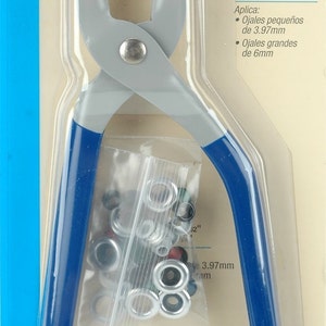 May include: A blue and gray eyelet plier kit with a clear plastic bag of assorted eyelets. The kit includes small 5/32 inch and large 1/4 inch eyelets.