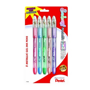 5 Sparkling Metallic Pentel Sunburst Gel Pens, 0.8 mm Medium Tip, Point; Japanese; Adult Coloring Books Bible Study Planner Kawaii Cute Pens