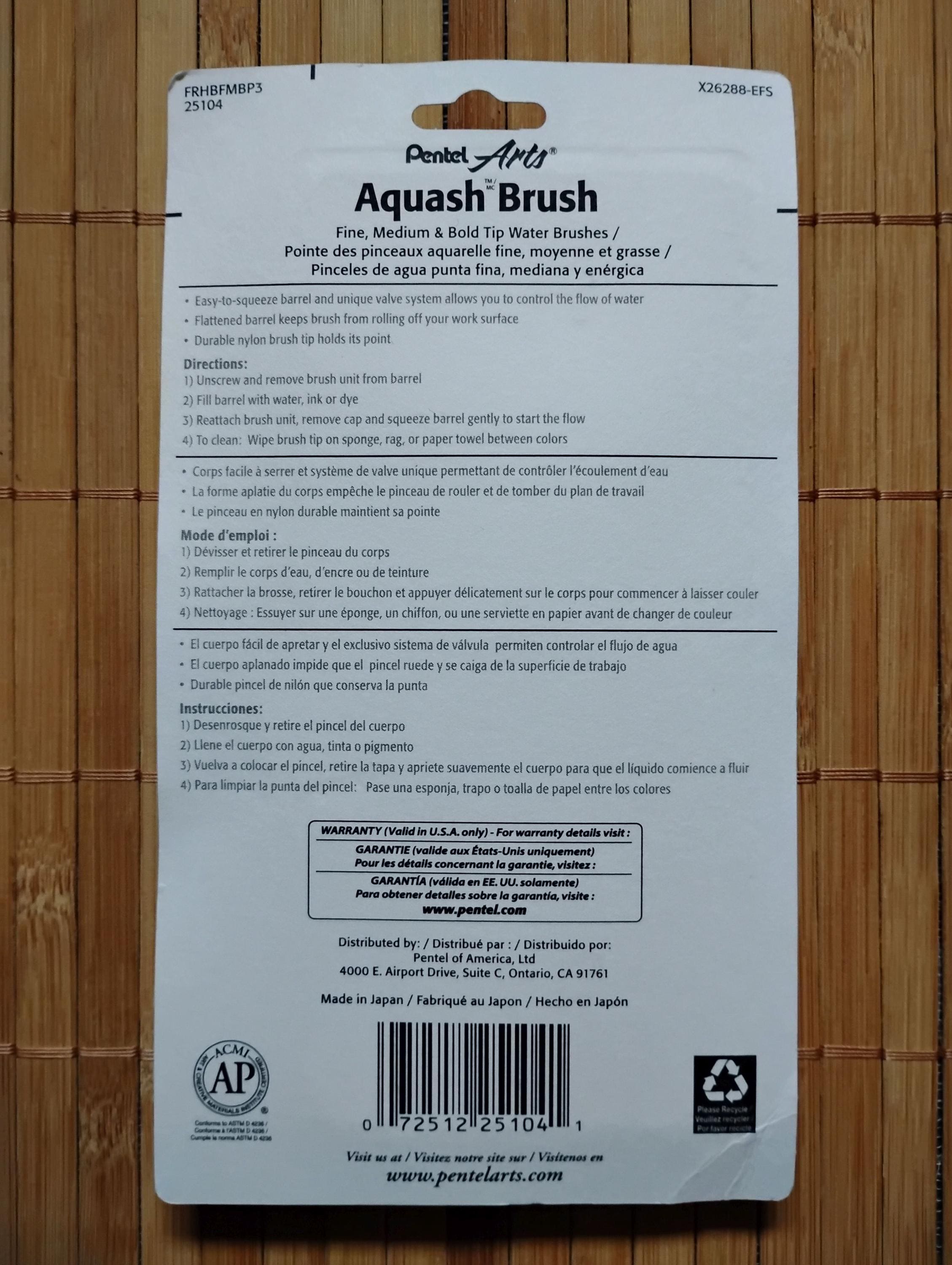 Pentel Arts Aquash Water Brush 3-Pack – Assorted Tips, Portable Brush For Blending & Watercolor