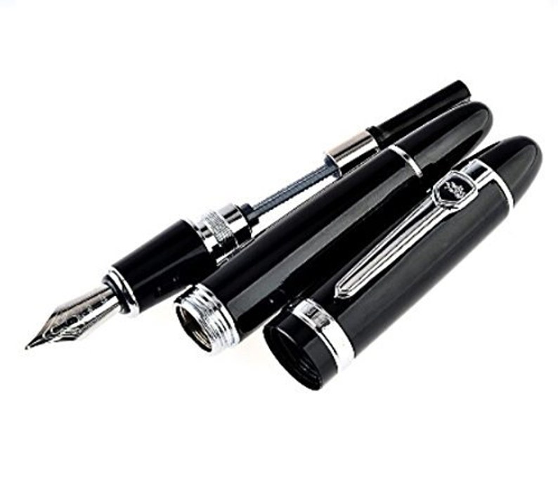 Classic Heavy Black Fountain Pen Medium Nib Silver Trim Etsy