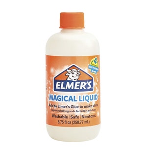 May include: A clear plastic bottle of Elmer's Magical Liquid, a slime activator. The bottle is orange and white with a cow logo and the text "Elmer's Magical Liquid". The bottle is labeled "Add to Elmer's Glue to make slime. Replaces baking soda & contact solution. Washable | Safe | Nontoxic. 8.75 fl oz (258.77 mL)"