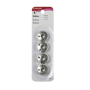 4 Singer Bobbins, Class 66 Metal, Series 6100, 6500 and 7100. Can also be used in other drop-in bobbin machines.