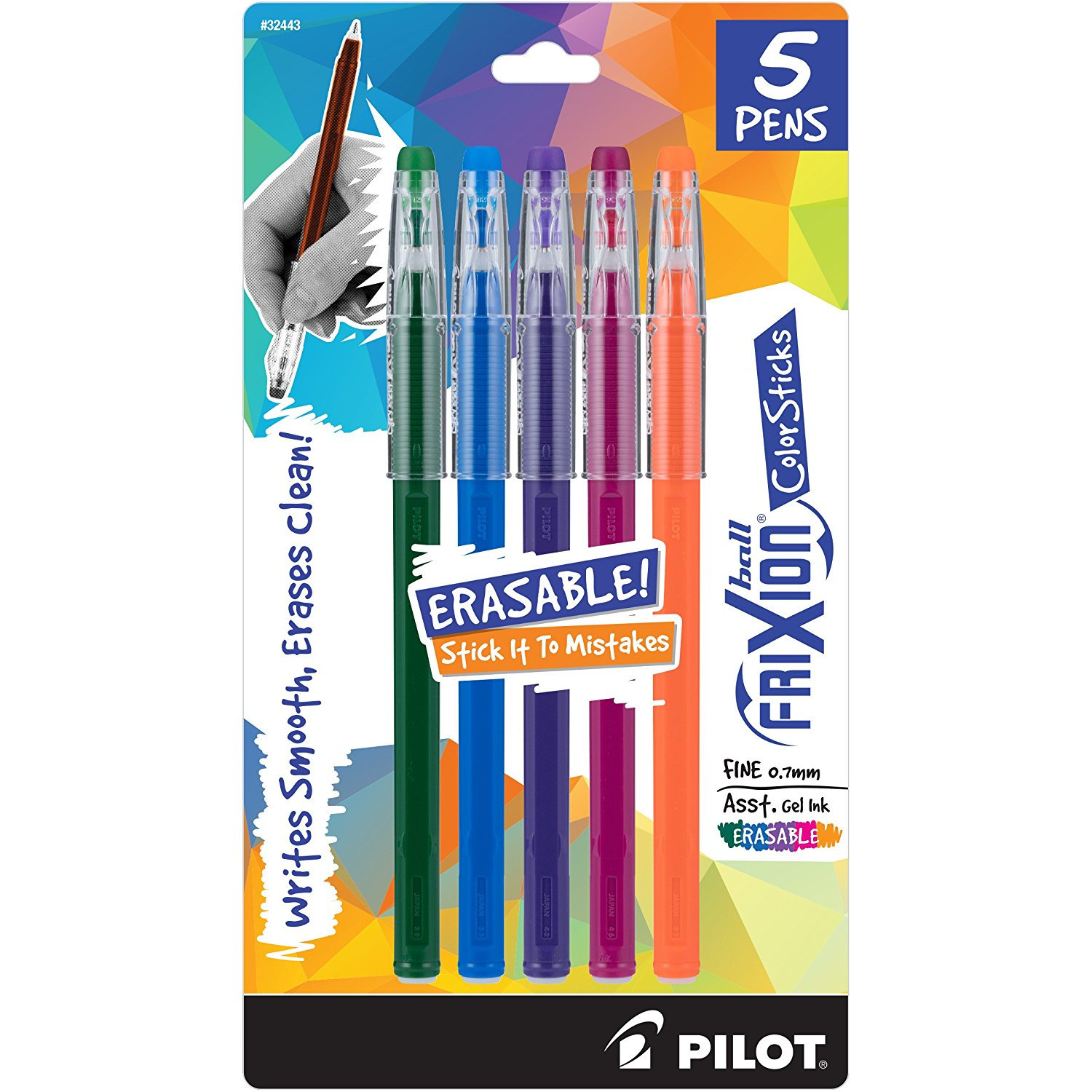 Pilot Frixion Color Sticks Ball Pens, 0.7mm, Erasable Gel Ink, 5
