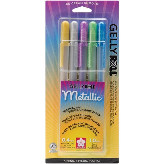 5 Sakura Gelly Roll Pens, Colored, Hot Metallic Gel 5 Sakura Medium Point  Gel Ink Pen Set Adult Book Coloring, Bible Studies, Planners 