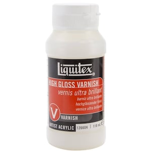 May include: A white bottle of Liquitex High Gloss Varnish, a clear acrylic varnish for artists. The bottle is labeled with the product name, brand, and size: 118 ml.