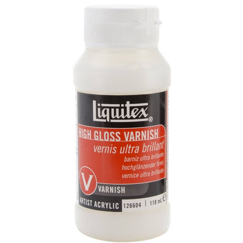 以下が含まれることがあります： アーティスト向けの透明なアクリルニスである、Liquitex ハイグロスバーニッシュの白いボトル。ボトルには、製品名、ブランド、サイズ（118 ml）のラベルが貼られています。