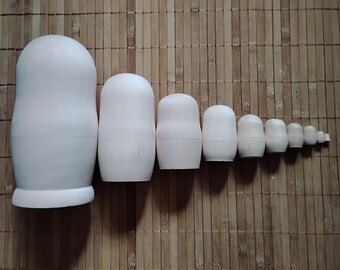 Blank Matryoshka Nesting Doll, 10 Inserting Wooden Dools, Bare Unpainted Wood, 8.3 inches, 21cm