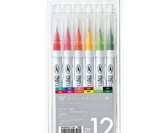 Juego de 12 rotuladores Kuretake ZIG Fude Clean Color con punta de pincel real; juego de 12 rotuladores de acuarela con punta de pincel real.