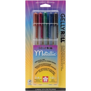 5 Sakura Gelly Roll Pens, Colored, Dark Metallic; 5 Sakura Medium Point Gel Ink Pen Set; Adult Book Coloring, Bible Study, Planners