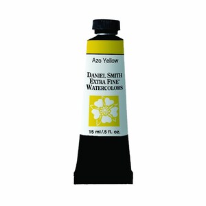 Op de afbeelding: Een tube Aquarelverf Azo Geel van Daniel Smith Extra Fine Watercolors. De tube is geel met zwarte letters en een zwarte dop. Het bevat 15 ml (0,5 fl oz) verf.