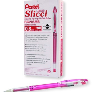 12 Red Metallic Gel Pens, Pentel Arts Slicci, 0.8mm Medium Tip, Point; Japanese; Adult Coloring Books Bible Study Planner Kawaii Cute Pens