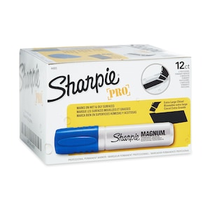 May include: A box of 12 Sharpie Pro permanent markers with an extra large chisel tip. The markers are blue and silver with the text "Sharpie Magnum" on the side. The box is yellow and black with the text "Sharpie Pro" and "Marks on wet & oily surfaces" on the front.