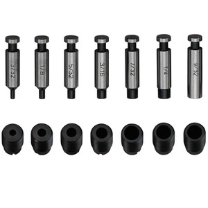 May include: Set of 8 metal punch tools with different sized tips. The tips are labeled with their size in fractions of an inch: 3/32, 1/8, 5/32, 3/16, 7/32, 1/4, 9/32.