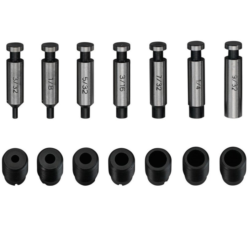 May include: Set of 8 metal punch tools with different sized tips. The tips are labeled with their size in fractions of an inch: 3/32, 1/8, 5/32, 3/16, 7/32, 1/4, 9/32.