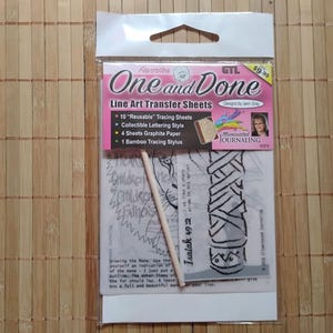 May include: A package of "One and Done" line art transfer sheets. The package includes tracing sheets, graphite paper, and a bamboo tracing stylus. The package has a pink and white label with the text "Favorites" and "GTL".
