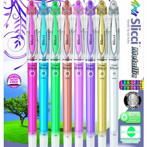 8 Metallic Pentel Arts Slicci Gel Pens, 0.8 mm Medium Tip, Point; Japanese; Adult Coloring Books, Bible Study, Planner, Kawaii Cute Pens